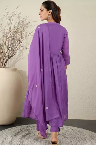 Floral Embroidered Anarkali Thread Work Cotton Kurta With Trousers & Dupatta