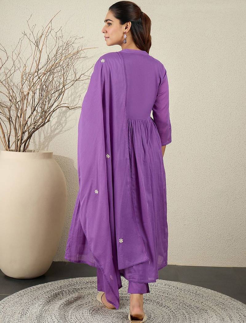 Floral Embroidered Anarkali Thread Work Cotton Kurta With Trousers & Dupatta