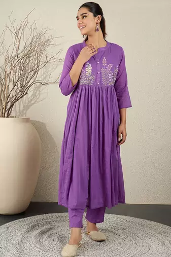 Floral Embroidered Anarkali Thread Work Cotton Kurta With Trousers & Dupatta