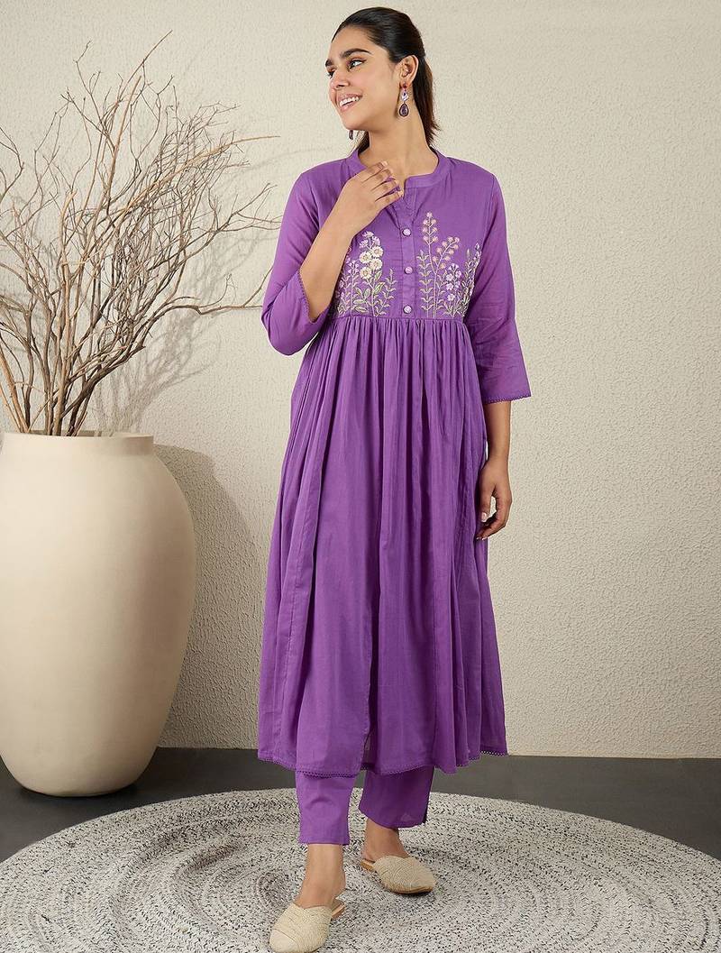 Floral Embroidered Anarkali Thread Work Cotton Kurta With Trousers & Dupatta