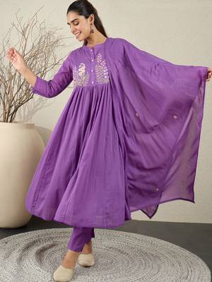 Floral Embroidered Anarkali Thread Work Cotton Kurta With Trousers & Dupatta 6
