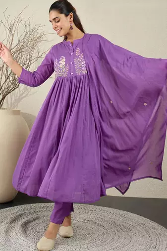 Floral Embroidered Anarkali Thread Work Cotton Kurta With Trousers & Dupatta