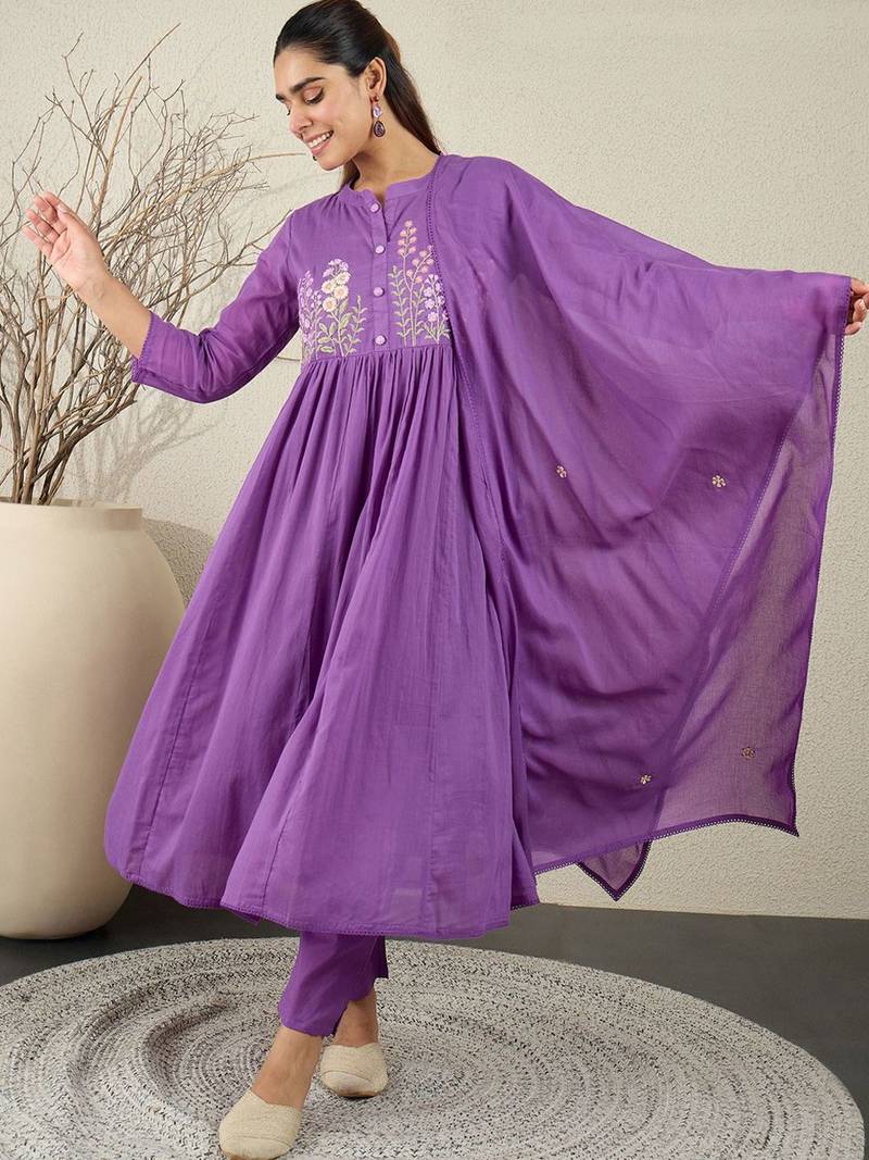 Floral Embroidered Anarkali Thread Work Cotton Kurta With Trousers & Dupatta