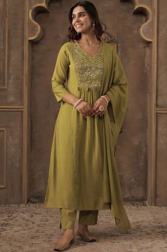 Women Green Silk Blend Ethnic Motifs Empire Mirror Work Kurta Trousers & Dupatta