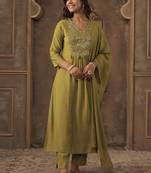 Women Green Silk Blend Ethnic Motifs Empire Mirror Work Kurta Trousers & Dupatta