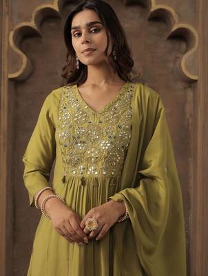 Women Green Silk Blend Ethnic Motifs Empire Mirror Work Kurta Trousers & Dupatta 2