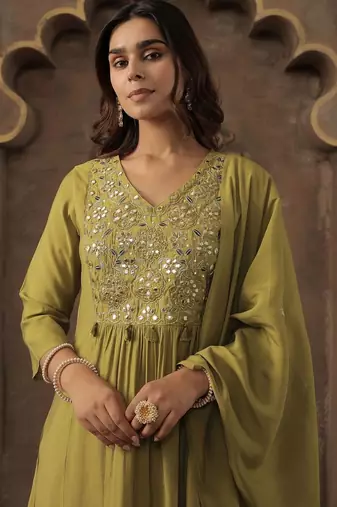 Women Green Silk Blend Ethnic Motifs Empire Mirror Work Kurta Trousers & Dupatta