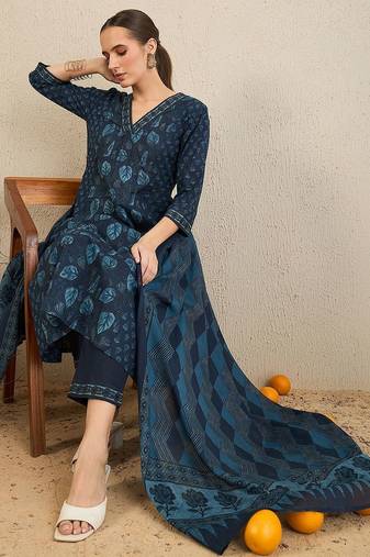 Floral Printed Panelled Cotton Kurta with Trousers & With Dupatta