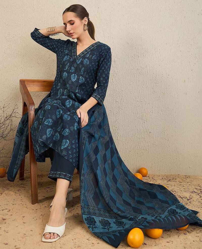 Floral Printed Panelled Cotton Kurta with Trousers & With Dupatta