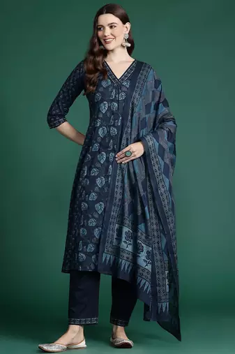 Floral Printed Panelled Cotton Kurta with Trousers & With Dupatta