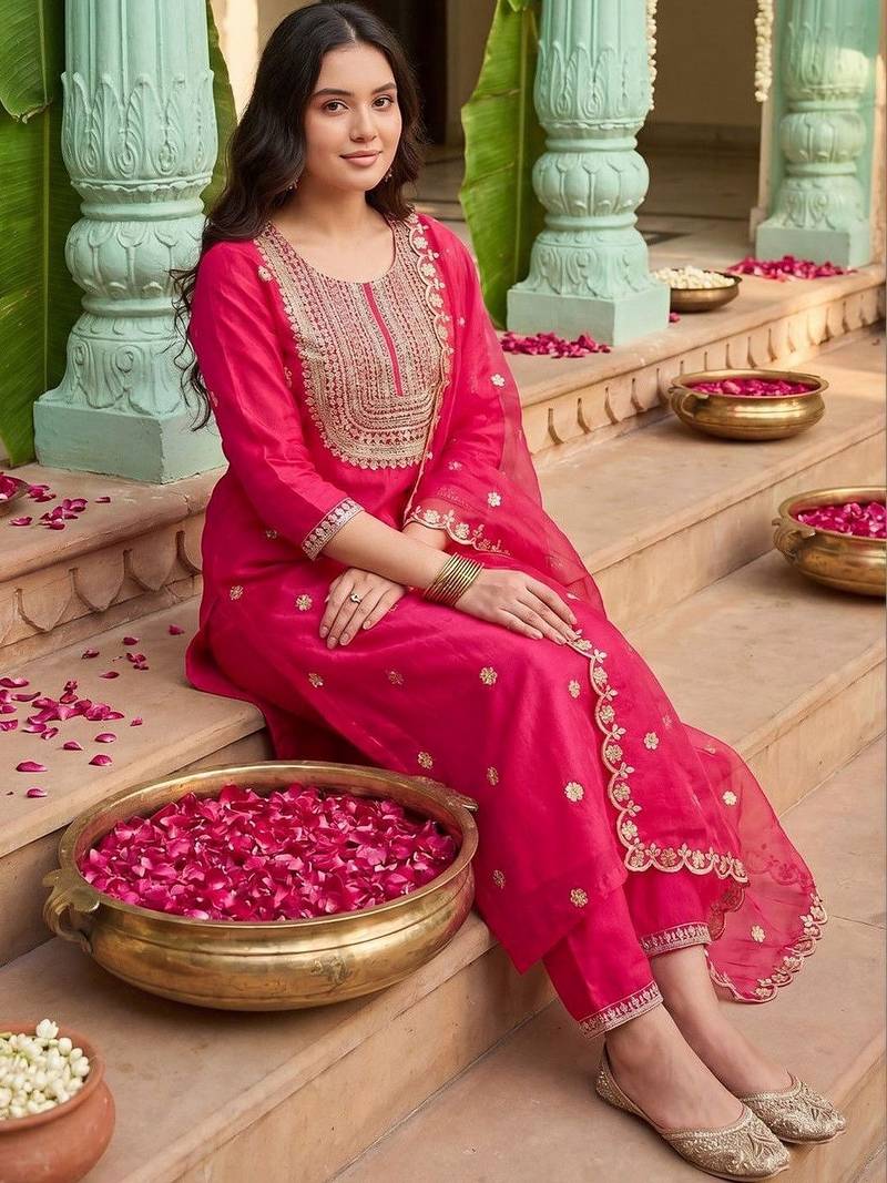 Women Ethnic Motifs Embroidered Thread Work Kurta with Trousers & With Dupatta