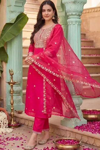 Women Ethnic Motifs Embroidered Thread Work Kurta with Trousers & With Dupatta