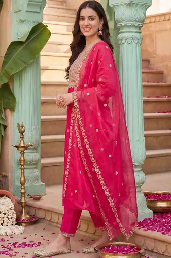 Women Ethnic Motifs Embroidered Thread Work Kurta with Trousers & With Dupatta