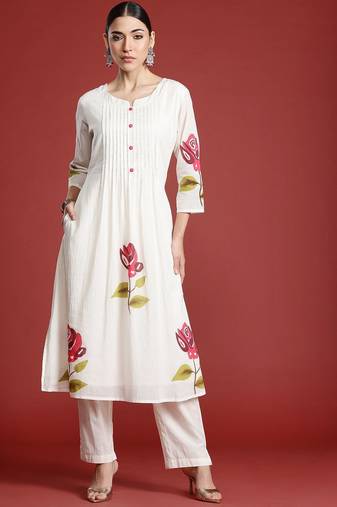 Floral Printed Cotton A-Line Kurta with Trousers