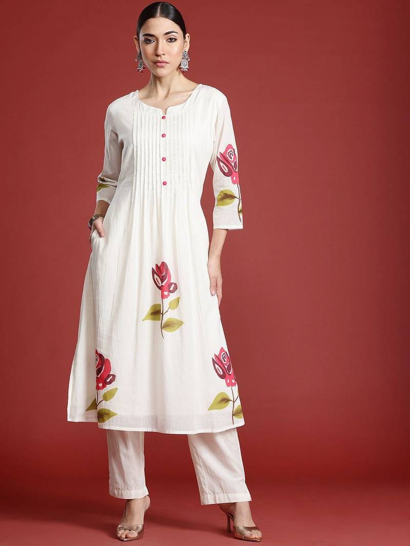 Floral Printed Cotton A-Line Kurta with Trousers