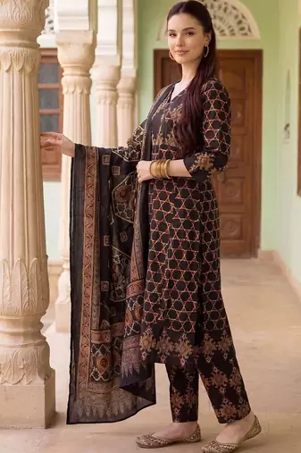 Women Printed Mirror Work Cotton Kurta with Trousers & With Dupatta