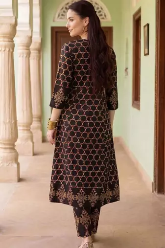 Women Printed Mirror Work Cotton Kurta with Trousers & With Dupatta