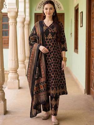Women Printed Mirror Work Cotton Kurta with Trousers & With Dupatta 6