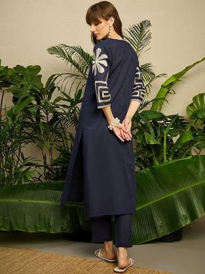 Women Ethnic Motifs Embroidered Thread Work Cotton Kurta With Trouser 4