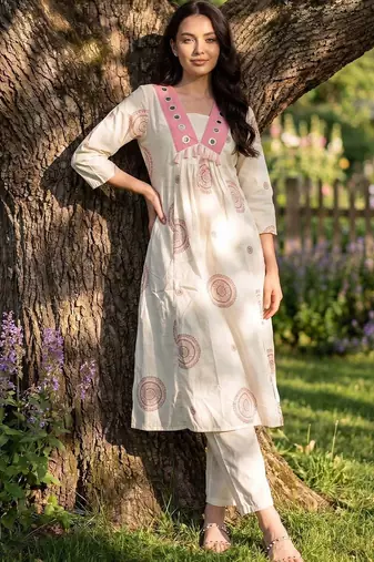 Women Ethnic Motifs Printed Mirror Work Cotton Kurta with Trousers