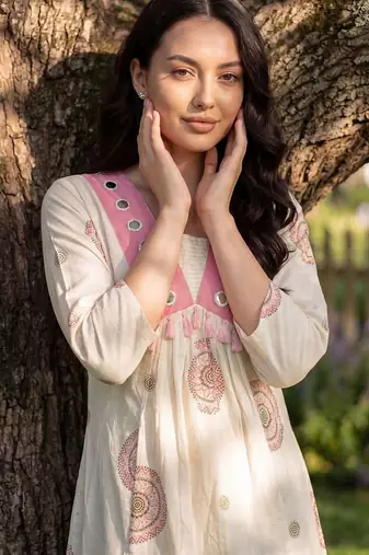 Women Ethnic Motifs Printed Mirror Work Cotton Kurta with Trousers