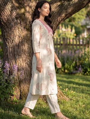 Women Ethnic Motifs Printed Mirror Work Cotton Kurta with Trousers 3
