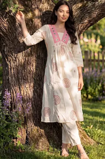 Women Ethnic Motifs Printed Mirror Work Cotton Kurta with Trousers