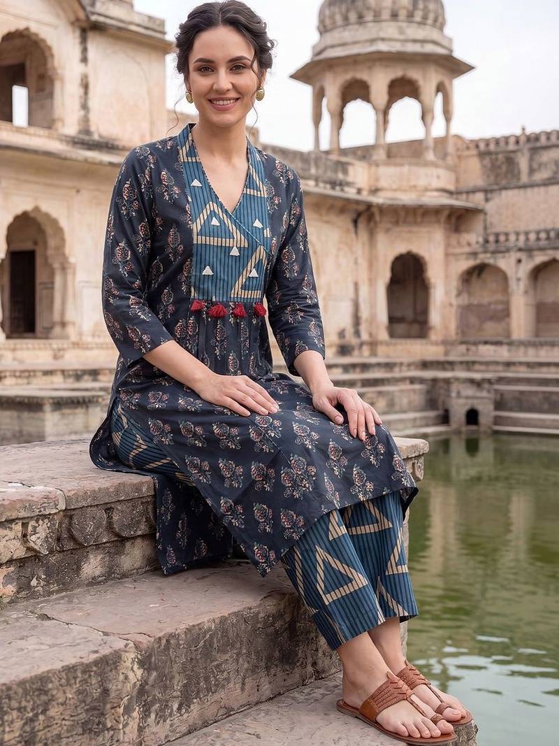 Women Floral Printed Cotton Kurta with Trousers