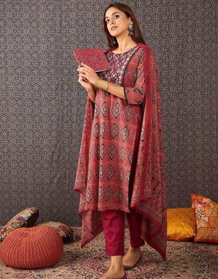 Geometric Printed Mirror Work Cotton Kurta With Trousers & Dupatta 6