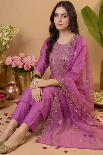 Women Ethnic Motifs Embroidered Kurta with Trousers & With Dupatta