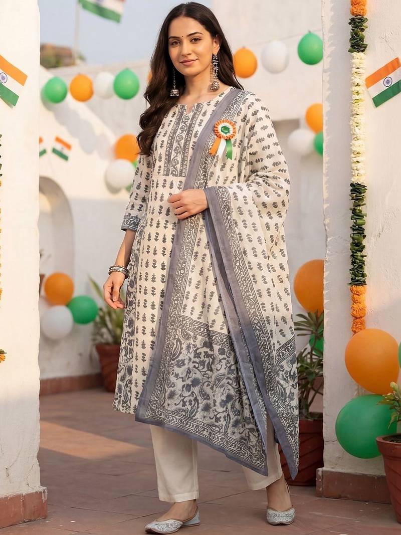 Women Ethnic Motifs Printed Cotton Kurta with Trousers & With Dupatta