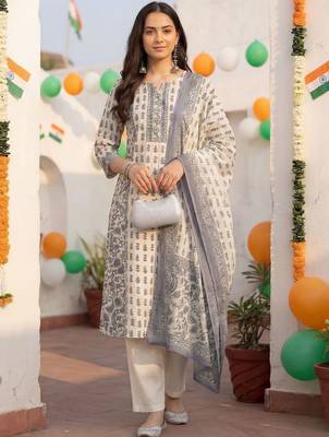 Women Ethnic Motifs Printed Cotton Kurta with Trousers & With Dupatta 2