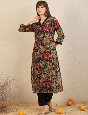 Floral Printed V-Neck Straight Kurta with Trousers 1
