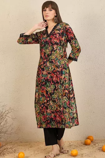 Floral Printed V-Neck Straight Kurta with Trousers