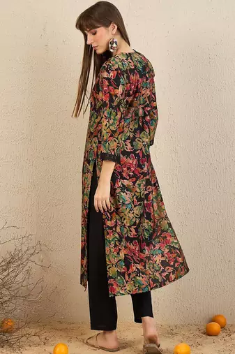Floral Printed V-Neck Straight Kurta with Trousers