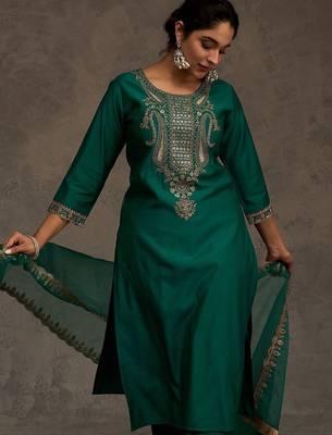 Women Ethnic Motifs Embroidered Liva Kurta with Trousers & With Dupatta 4