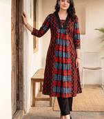 Women Printed Empire Thread Work Cotton Kurta with Trousers