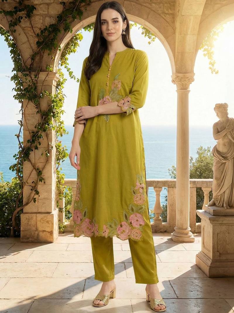 Women Floral Embroidered Thread Work Cotton Kurta with Trousers
