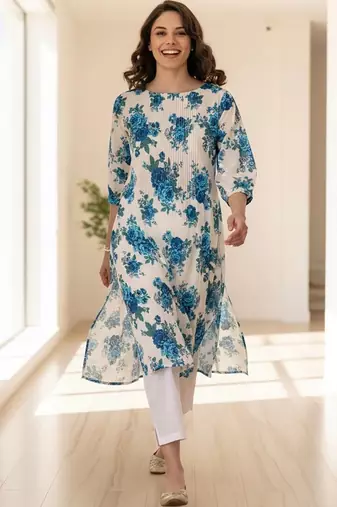 Women Floral Printed Beads and Stones Cotton Kurta with Trousers