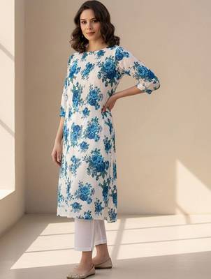 Women Floral Printed Beads and Stones Cotton Kurta with Trousers 5