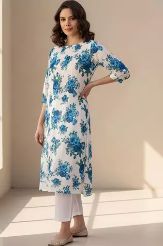 Women Floral Printed Beads and Stones Cotton Kurta with Trousers