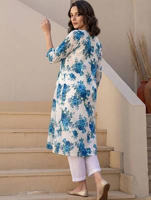 Women Floral Printed Beads and Stones Cotton Kurta with Trousers 6