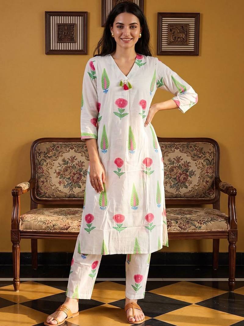 Women Floral Printed Cotton Kurta with Trousers