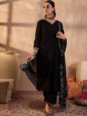 Women Ethnic Motifs Cotton Kurta with Trousers & With Dupatta 1