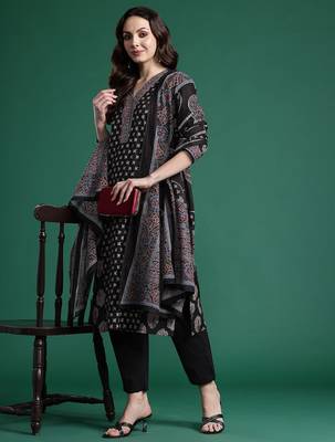 Ethnic Motifs Printed Panelled Cotton Kurta with Trousers & Dupatta 1