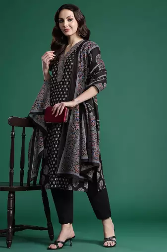 Ethnic Motifs Printed Panelled Cotton Kurta with Trousers & Dupatta
