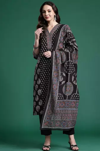 Ethnic Motifs Printed Panelled Cotton Kurta with Trousers & Dupatta