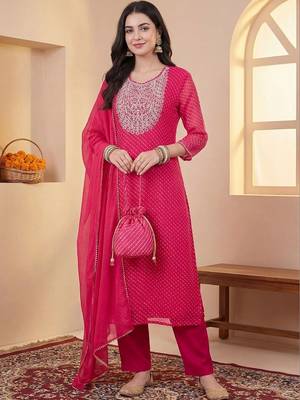 Women Leheriya Printed Thread Work Kurta with Trousers & With Dupatta 1