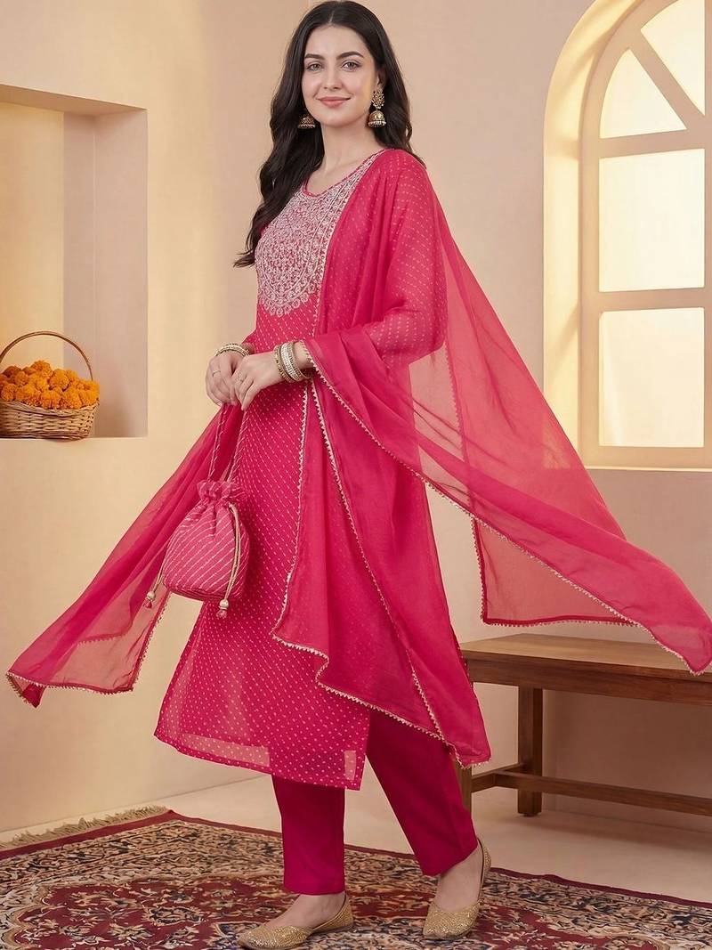 Women Leheriya Printed Thread Work Kurta with Trousers & With Dupatta