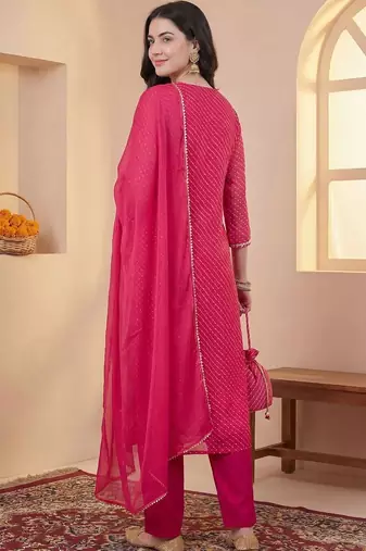 Women Leheriya Printed Thread Work Kurta with Trousers & With Dupatta